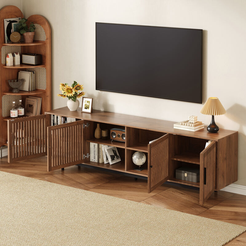 Merax Entertainment Center with Textured Slatted Doors, Hidden Storage, Cable Management image number 2