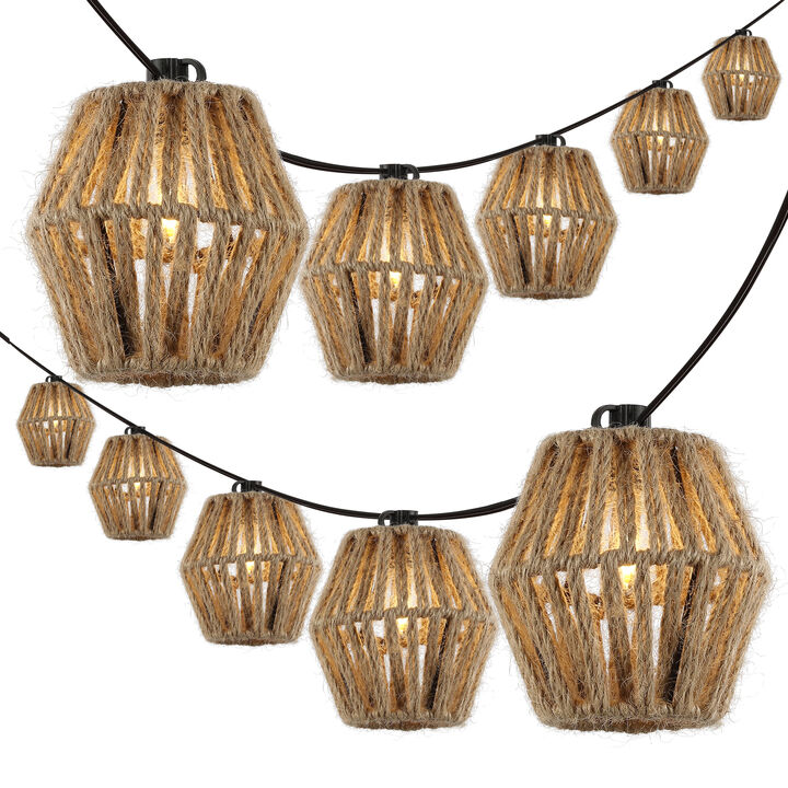 Samara 10-Light Indoor/Outdoor 10 ft. Mid-Century Classic Incandescent C7 Lantern Hemp Rope Shaded String Lights, Brown