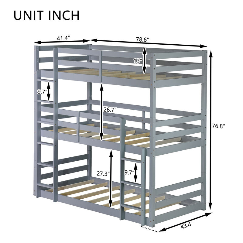 Whisen Rubber Wood Detachable Triple Twin Bunk Bed with Two Built-in Ladders and Guardrails image number 9
