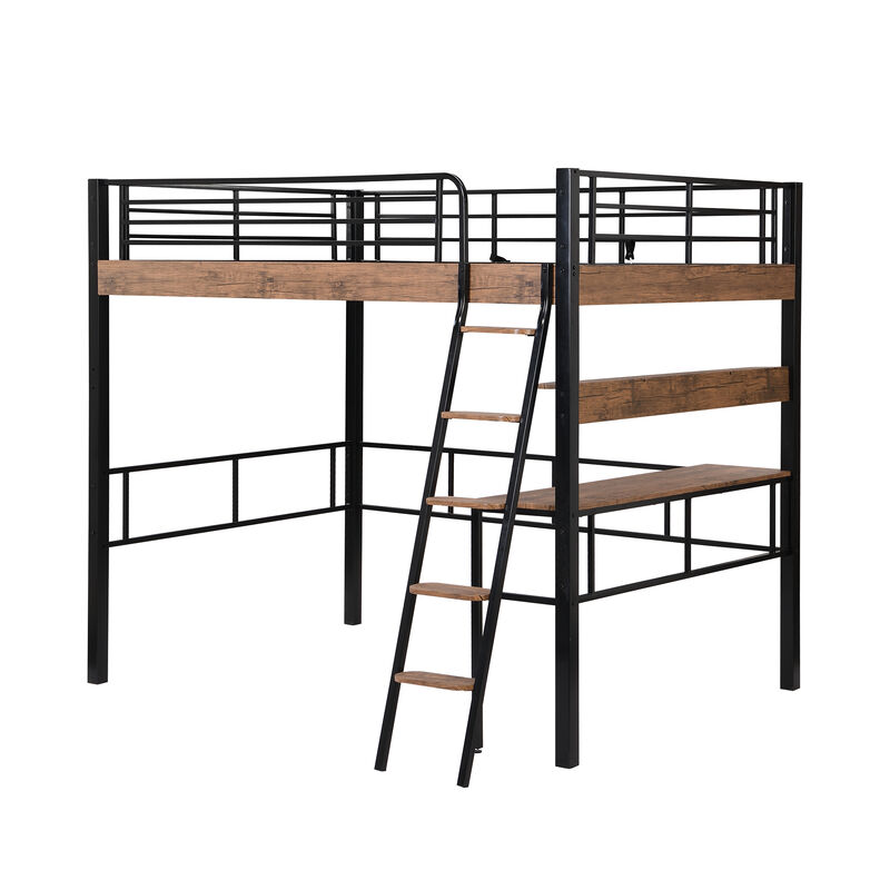 Whisen Metal Full Size Loft Bed with Built-in Desk and Storage Shelf and Ladder - Black