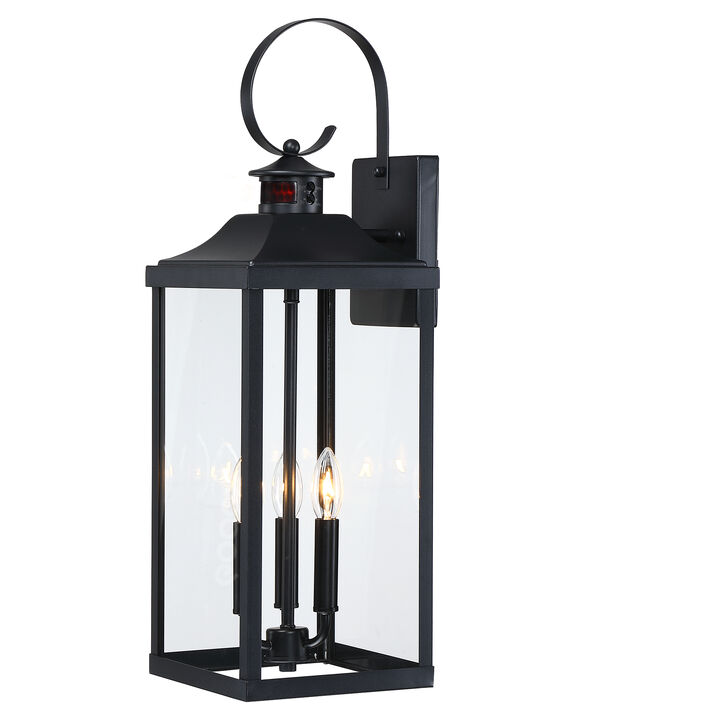 24 in. Modern Farmhouse Black 3-Light Dimmable Outdoor Wall Lantern with Clear Glass Shade