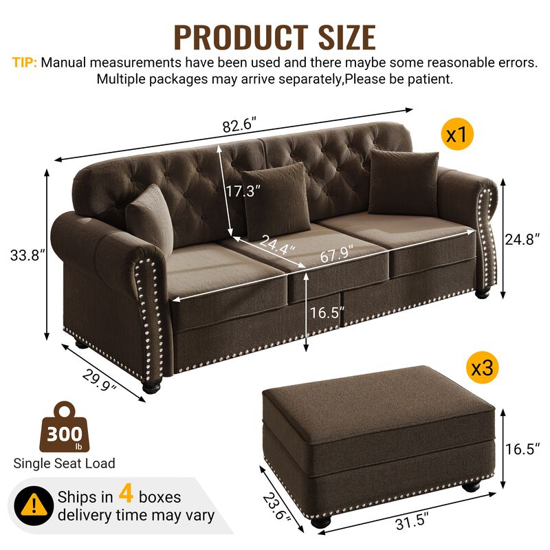 Whisen 3 Seat Velvet Sofa with 3 Ottomans, Nailhead Trim, Mid-Century Modern, for Living Room image number 9