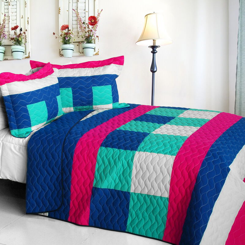 Vermicelli Quilted Plaid Quilt Set Queen Size for Bedroom Bedding Decor-Blue image number 0