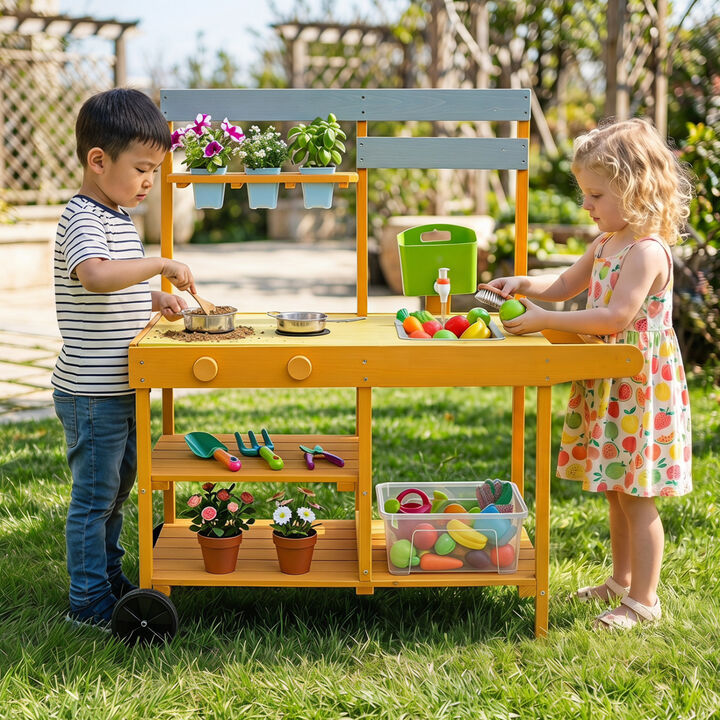 Outdoor Mud Kitchen for Kids with Flowerpots and Rolling Wheels