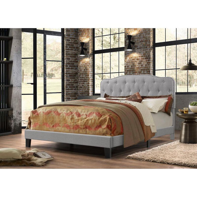 Best Quality Furniture Gray Linen Uph. Panel Bed with Silver Nailhead- Queen