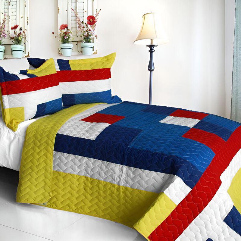 Vermicelli Quilted Patchwork Geometric Quilt Set Full Bedding image number 0
