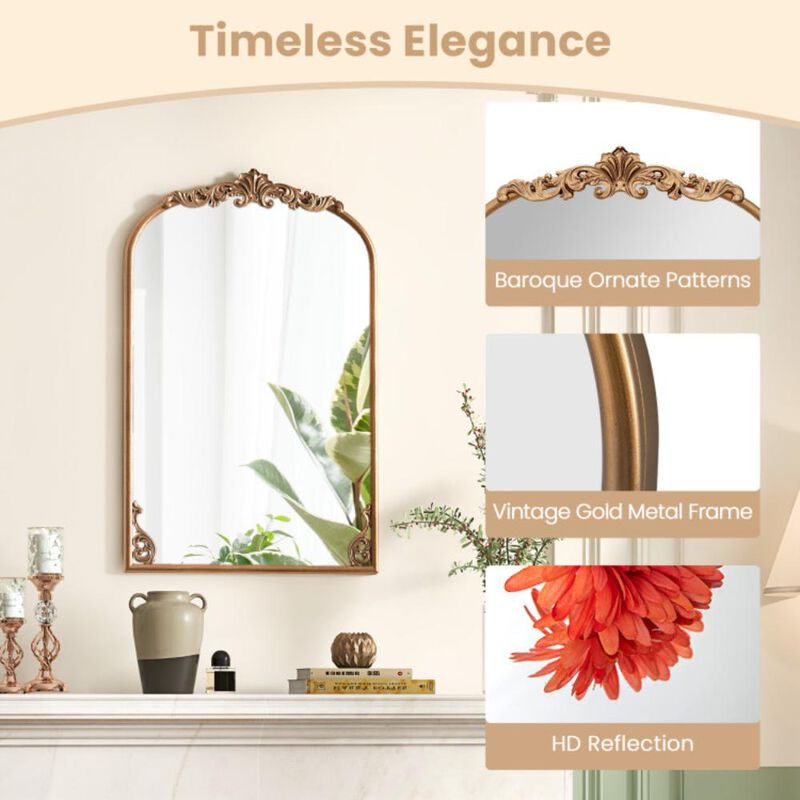 Hivvago Arched Mirror for Wall Gold Traditional Vintage Ornate Baroque Mirror with Metal Frame
