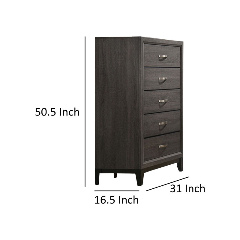 Erica Tall Dresser Chest, 5 Drawers, Gray Wood Finish, Metal Handles - Benzara