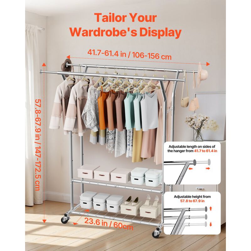 Heavy Duty Clothing Rack with Wheels 2 Hanging Rods and Storage Shelves image number 2