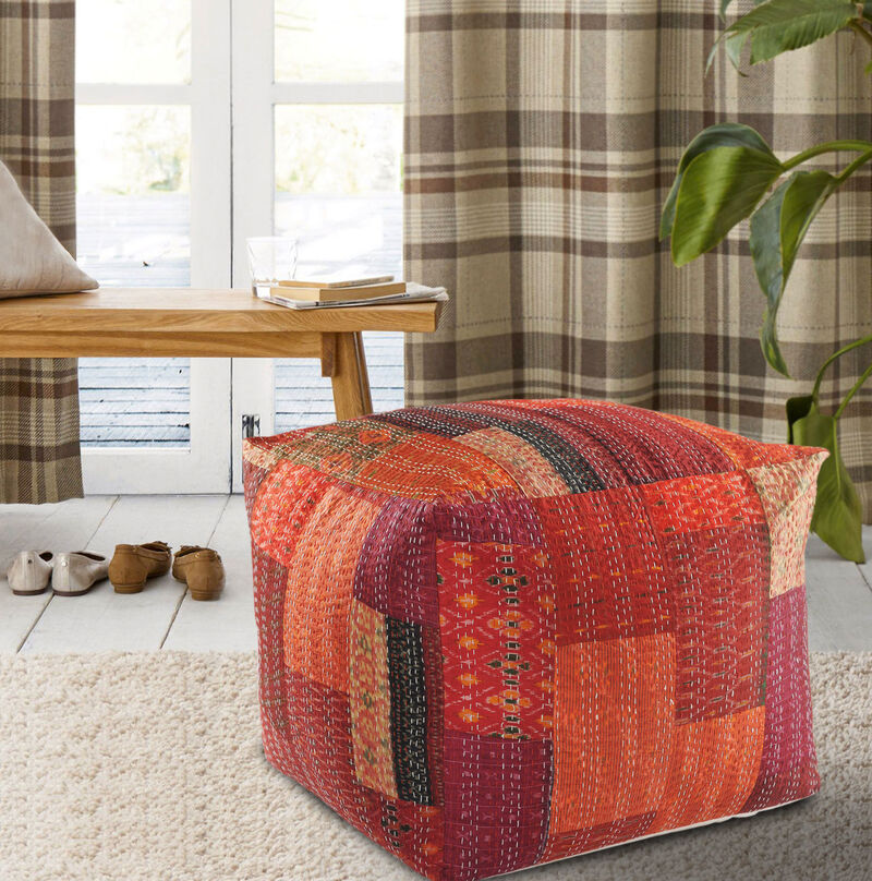 Patchwork Pouf Ottoman – Accent Floor Cushion for Bedroom or Living Room