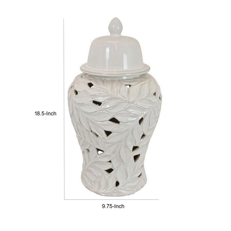Heni 19 Inch Ceramic Temple Jar with Lid, Cut Out Leaf Motifs, White Finish - Benzara