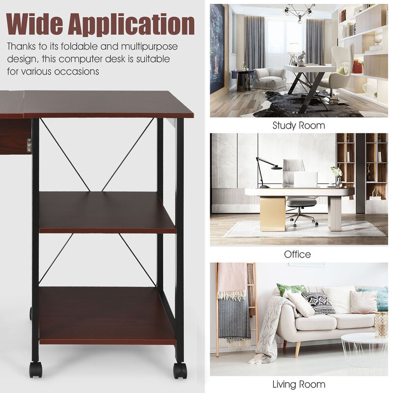Costway Rolling Computer Desk Folding Writing Office Desk w/ Storage Shelves
