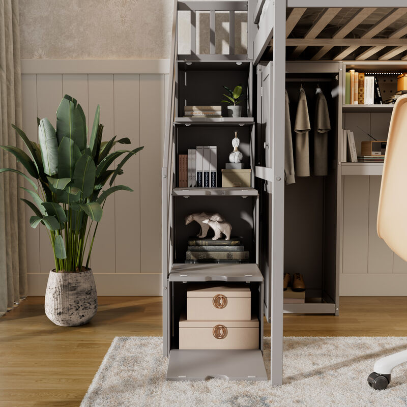 Merax Full Size All-in-One Loft Bed with Wardrobe, Desk & LED Lights image number 4