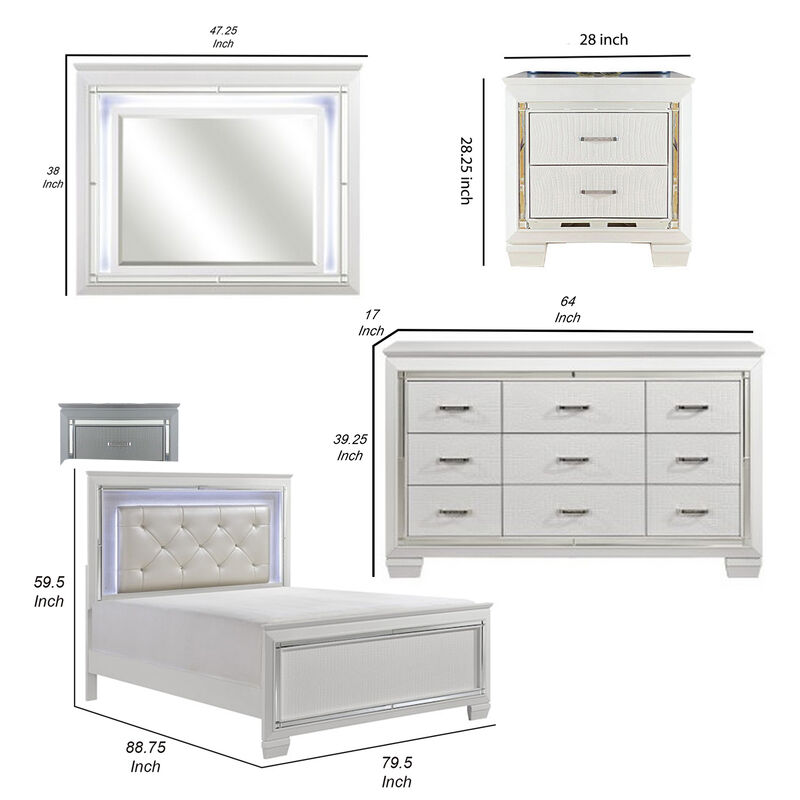 Alen 4 Pc California King Bedroom Set, Button Tufting, Mirror Trim, White - Benzara