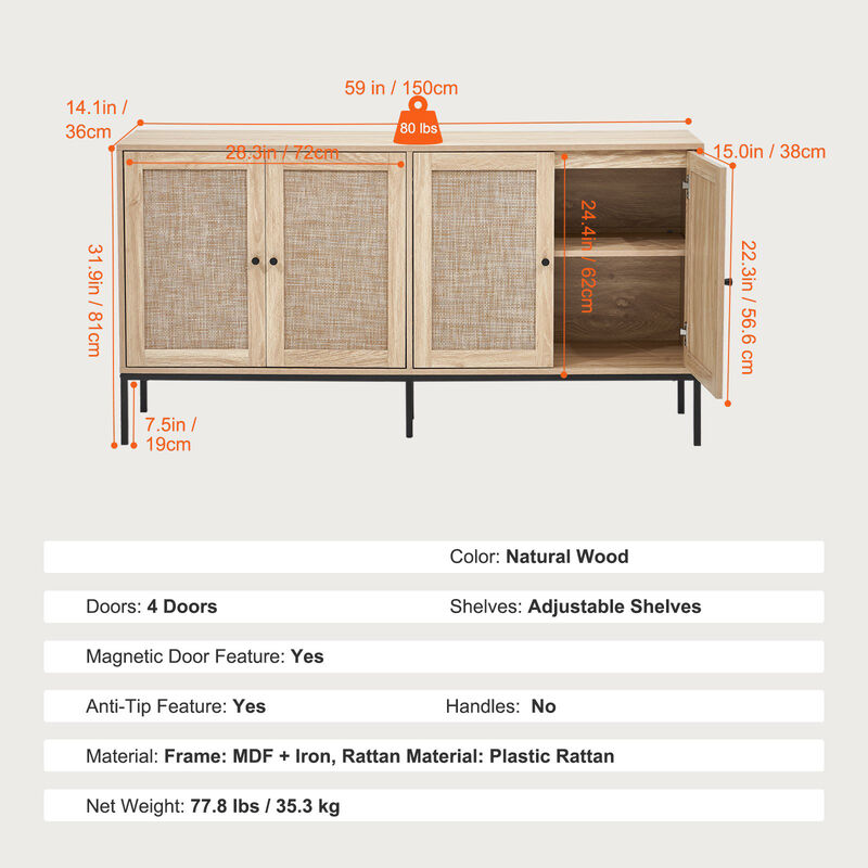 Rattan Storage Cabinet with 4 Magnetic Doors and Adjustable Shelves for Any Room