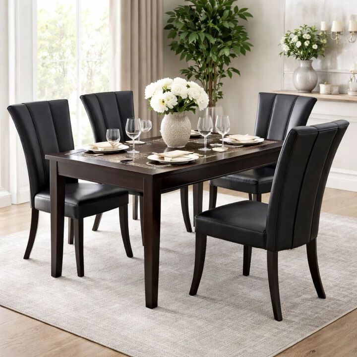 Leather Upholstered Dining Chair In Poplar Wood, Set Of 2,Black-Benzara