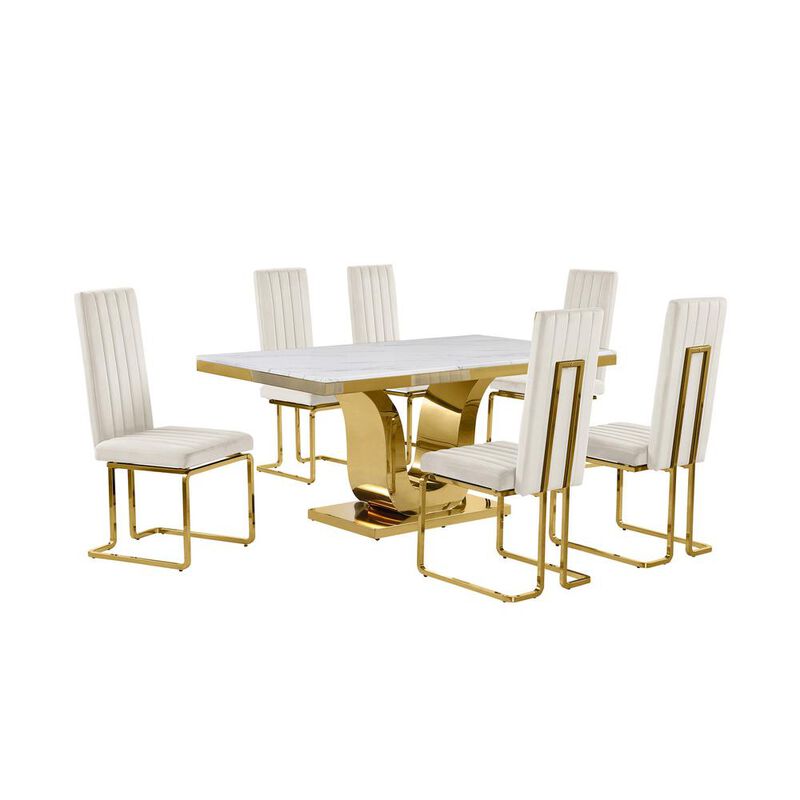 7pc Small(66") marble stop dining set with gold base and 6 Cream side chairs