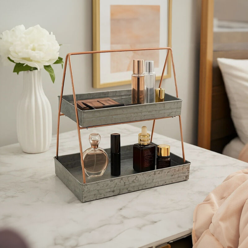 Galvanized Metal 2 Tiered Rectangular Serving Tray, Gray - Benzara