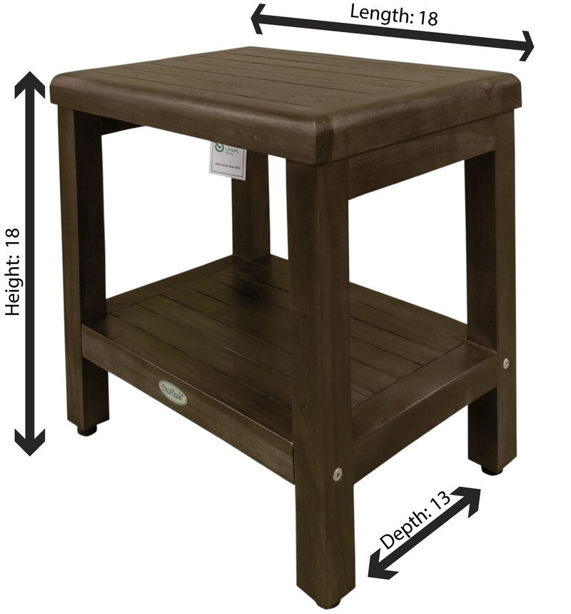 DecoTeak Eleganto 18" Teak Wood Shower Bench with Shelf in Woodland Brown Finish