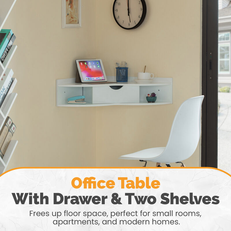 Basicwise Wall Mounted Folding Table with Drawer - Floating Space-Saving Solution for Home Office, Bedroom, Laundry Room - Hideaway Secretary, Shelves, Modern White, Compact Design, 23.5 x 33 x 7 in image number 5