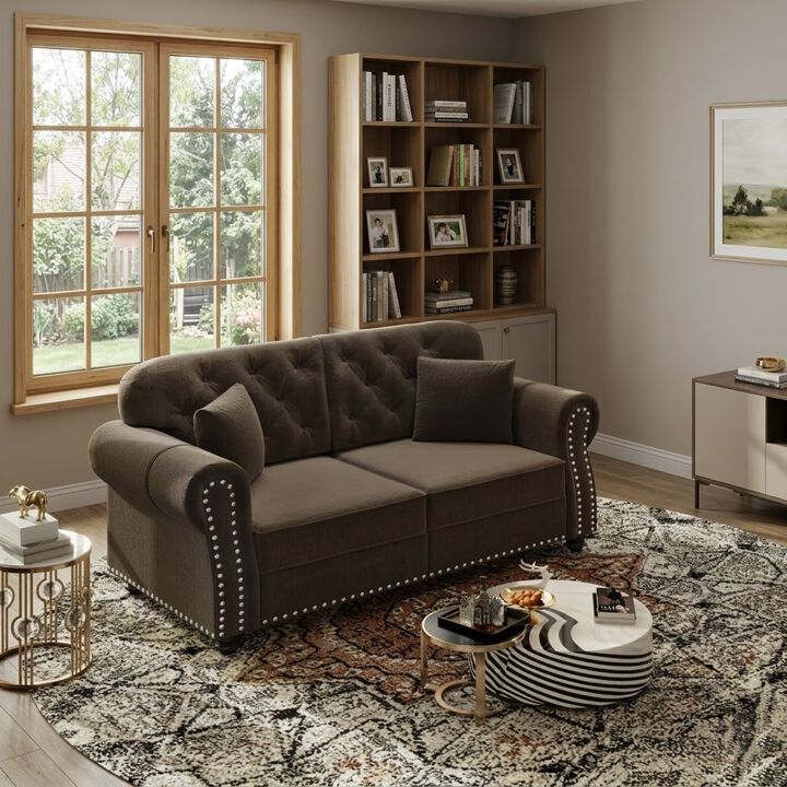 Whisen 63" Velvet Chesterfield Sofa, Mid-Century Modern Tufted Loveseat with Nailhead & 2 Pillows