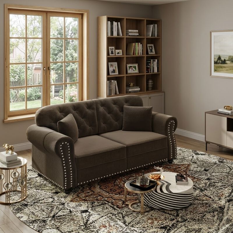 Whisen 63" Velvet Chesterfield Sofa, Mid-Century Modern Tufted Loveseat with Nailhead & 2 Pillows image number 1