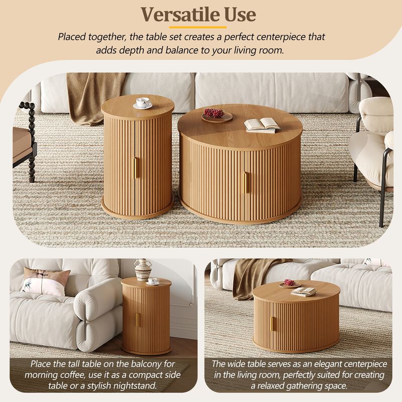 Mid Century Coffee Table Set with Sliding Tambour Door Fluted Round End Table with Storage image number 7