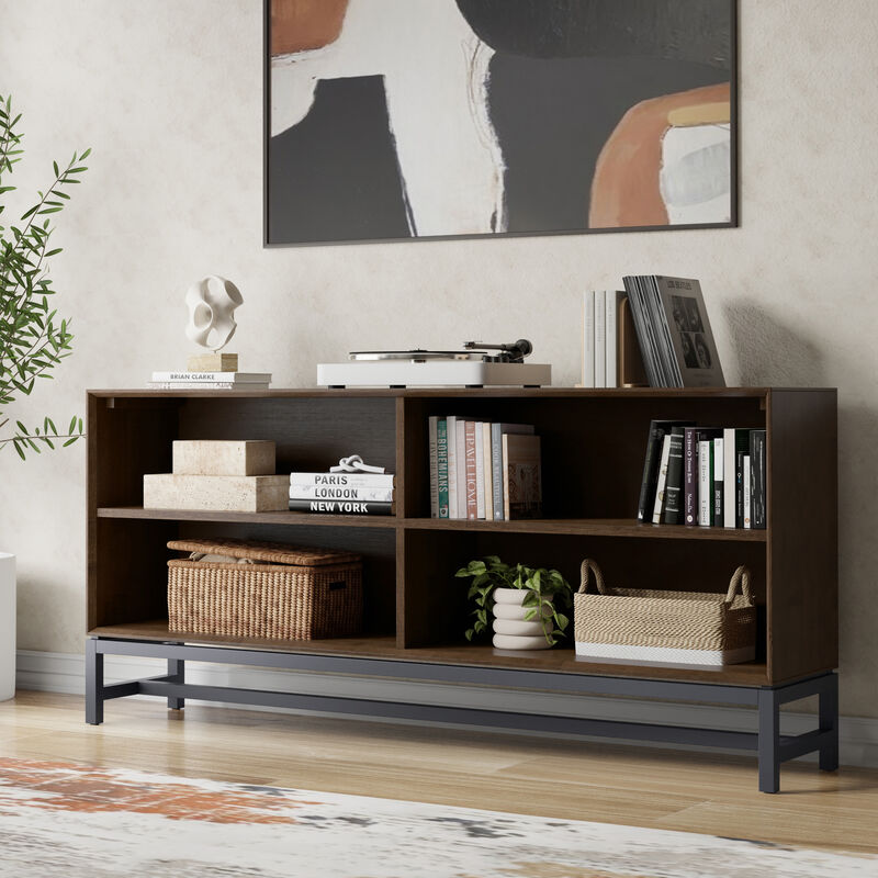 Banting SOLID HARDWOOD 30 inch x 64 inch Modern Industrial Low Wide Bookcase in Walnut Brown