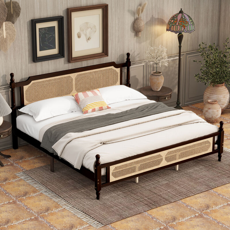 Whisen King Pine Wooden Bed with Rattan Headboard and Footboard, with Central Enhanced Bed Platform image number 1