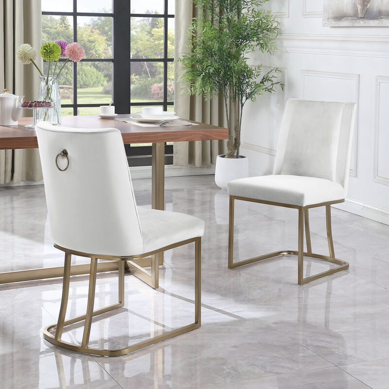 Dining Chairs, Velvet Upholstered Side Chair, Gold Metal Legs (Set of 2) - White