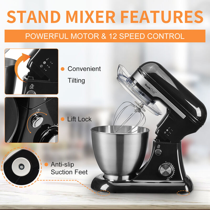 Electric Stand Mixer, 4.8QT 12 Speeds Tilt-head Food Mixer with Dough Hook, Rotary Knob, Whisk, Beater, Bowl image number 3
