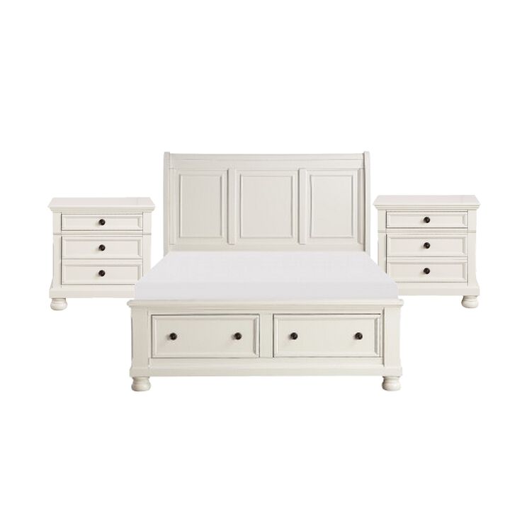 Queen Size Bedroom Set, White Finish, Storage Bed with Drawers, 3-Piece Set with Bed and Two Nightstands