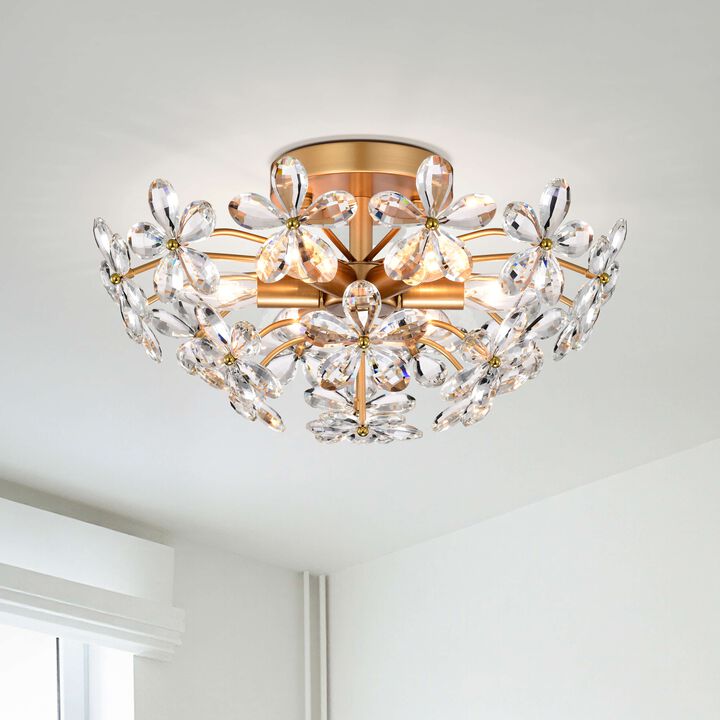 Amira Glossy Brass 6-Light 17.7" Glass Flower Crystal Flush Mount
