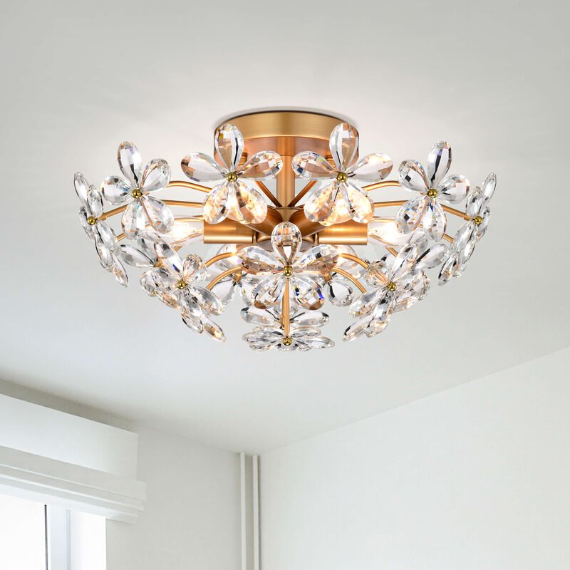 Amira Glossy Brass 6-Light 17.7" Glass Flower Crystal Flush Mount image number 1