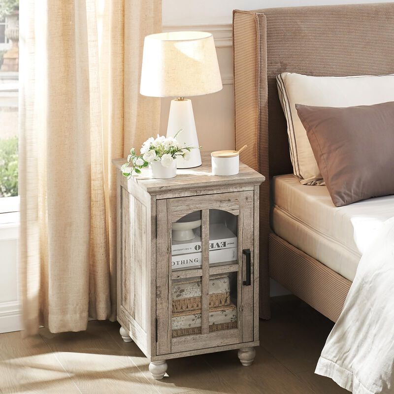 Narrow Side Table Set of 2,Farmhouse Nightstand with Charging Station,End Table with Glass Barn Door Storage, Cabinet Organizer