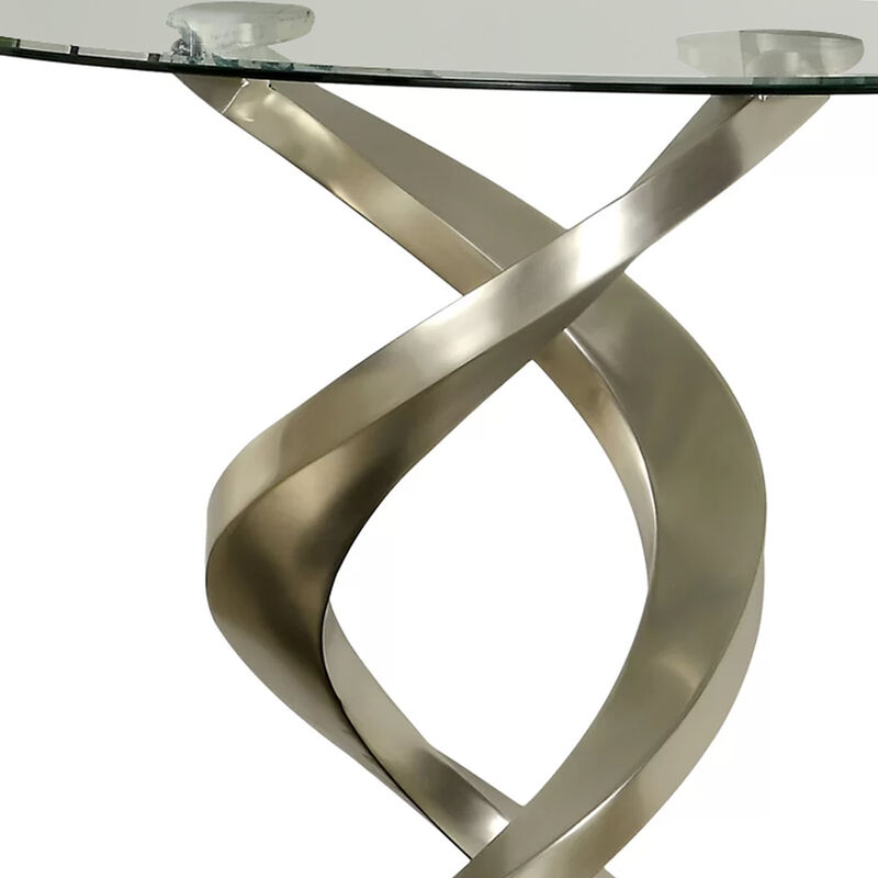Sofa Table with Twisted Metal Base and Semi Circular Glass Top, Silver