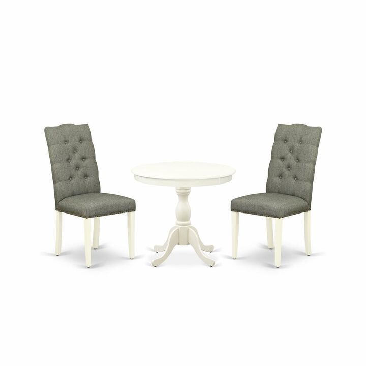 East West Furniture AMEL3-LWH-07 3 Piece Dining Set - 1 Round Pedestal Table and 2 Smoke Dining Room Chairs - Linen White Finish
