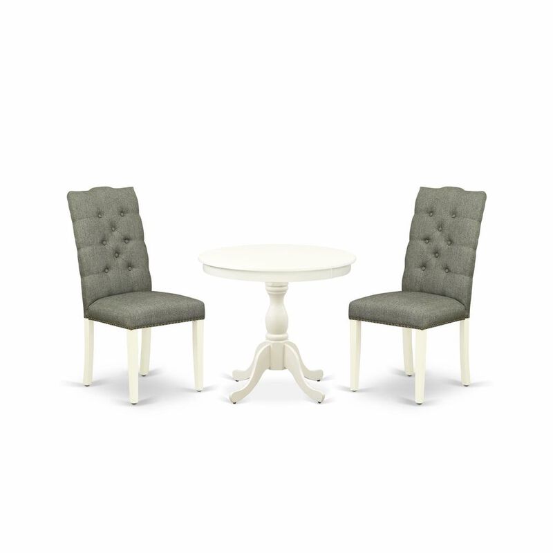 East West Furniture AMEL3-LWH-07 3 Piece Dining Set - 1 Round Pedestal Table and 2 Smoke Dining Room Chairs - Linen White Finish