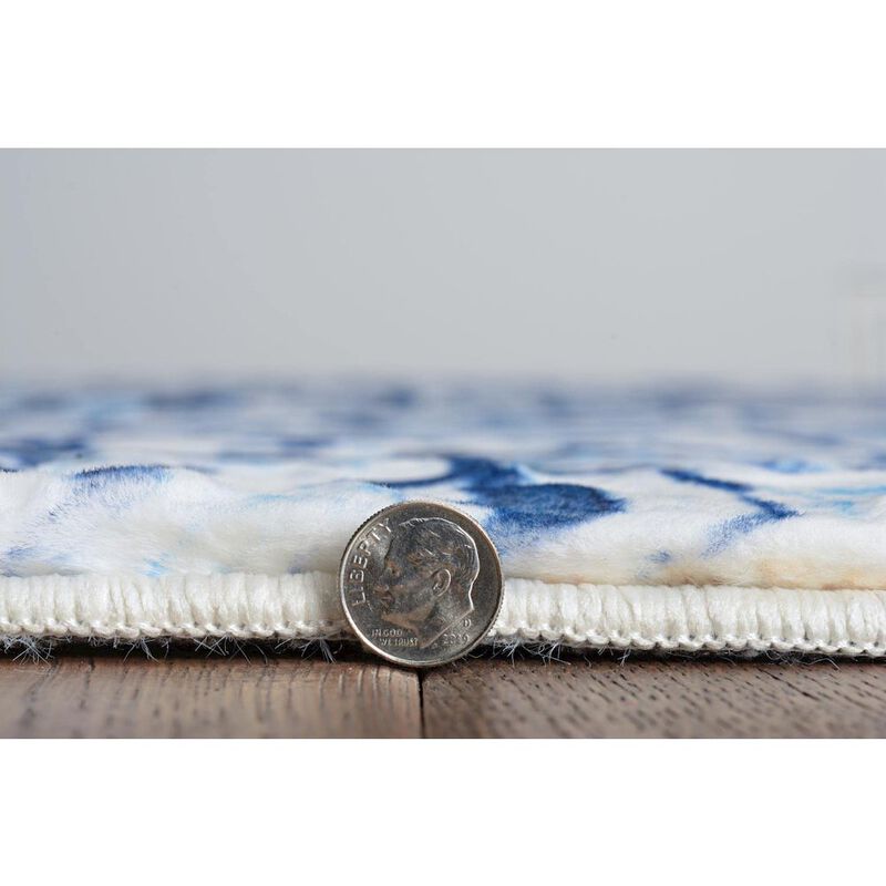 Linon Motif Printed Faux Rabbit Ingrain Blue White, Rug