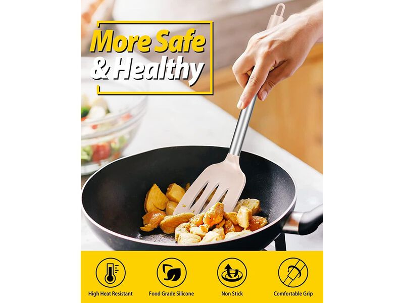 BUNDLEPRO Pack of 2 Silicone Solid Turner, Non Stick Slotted Kitchen Spatulas