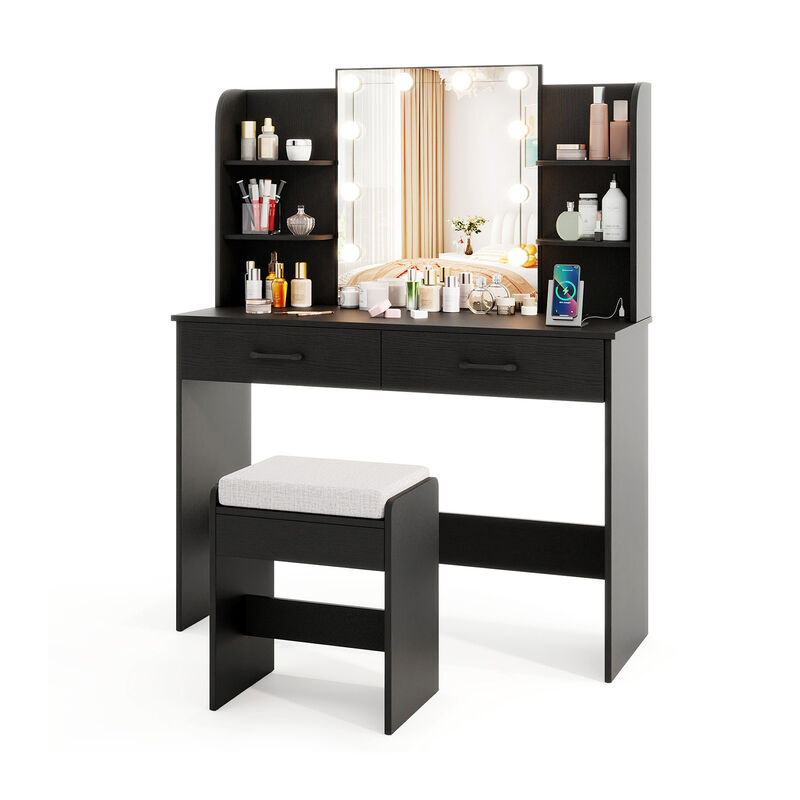 Vanity Set with Lighted Mirror and Stool with Power Outlet