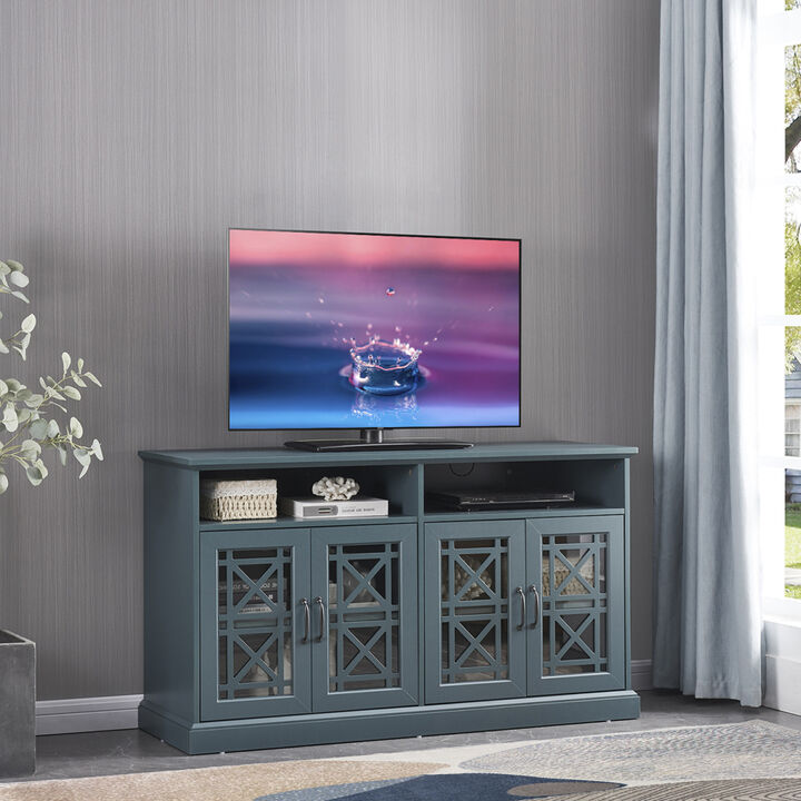 53" Wooden TV Console, Storage Buffet Cabinet, Sideboard with Glass Door and Adjustable Shelves, Console Table for Dining Living Room Cupboard, Dark Teal