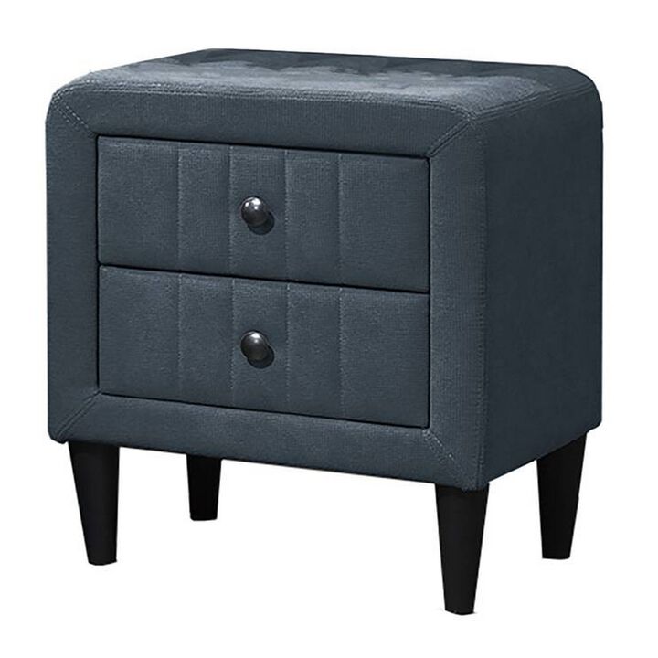 Rheo Nightstand, 2 Drawers, 22 Inch Upholstered in Charcoal Gray Linen - Benzara