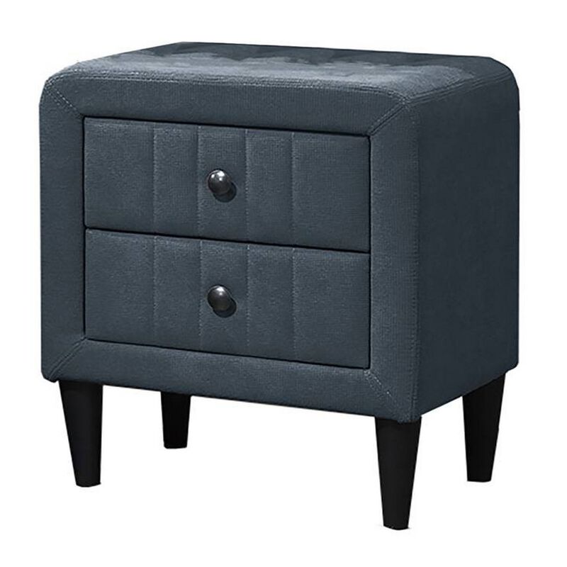 Rheo Nightstand, 2 Drawers, 22 Inch Upholstered in Charcoal Gray Linen - Benzara