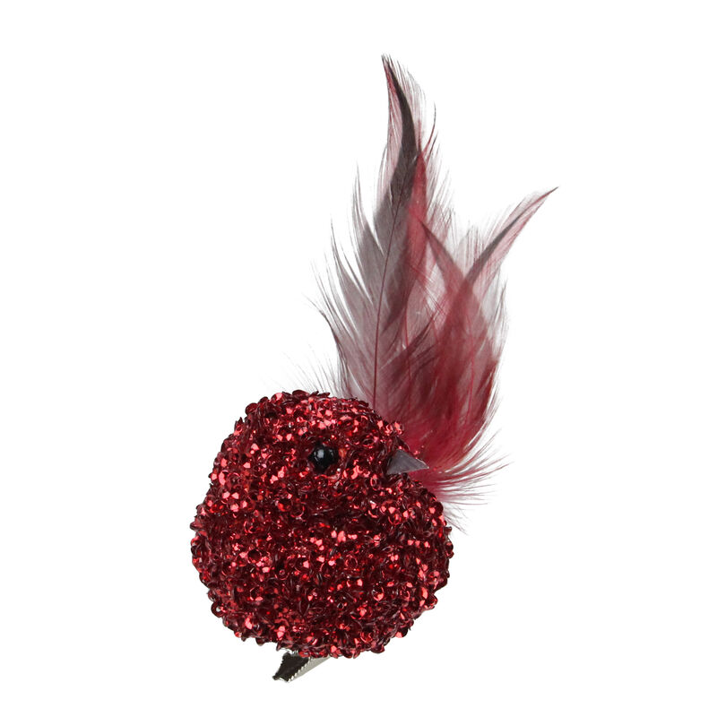 6" Red Sequined Bird with Feather Tail Christmas Ornament with Clip image number 2