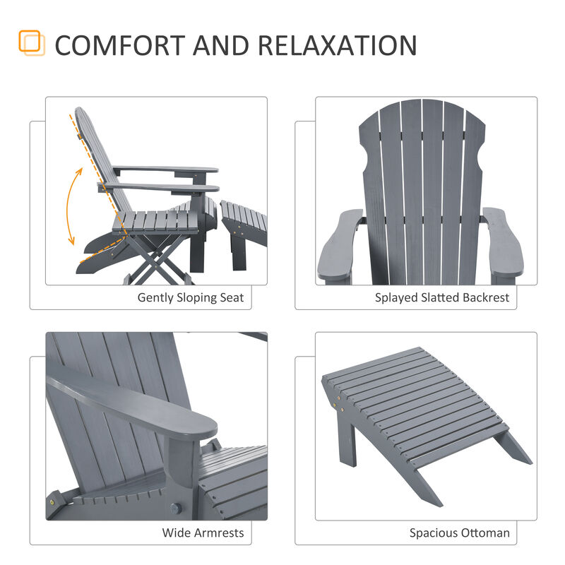 Outsunny 3-Piece Folding Adirondack Chair with Ottoman and Side Table, Outdoor Wooden Fire Pit Chairs w/ High-back, Wide Armrests for Patio, Backyard, Garden, Lawn Furniture - Gray