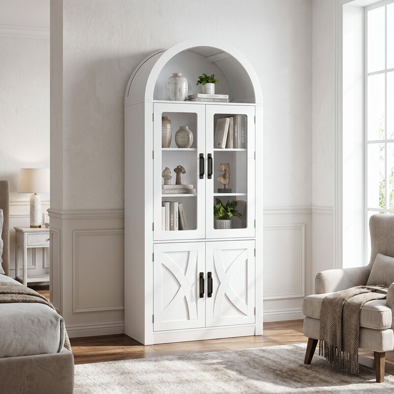 70" Tall Arched Modern White Wooden Pantry Storage Cabinet with Adjustable Shelves for Dining Room, Living Room, Kitchen image number 3