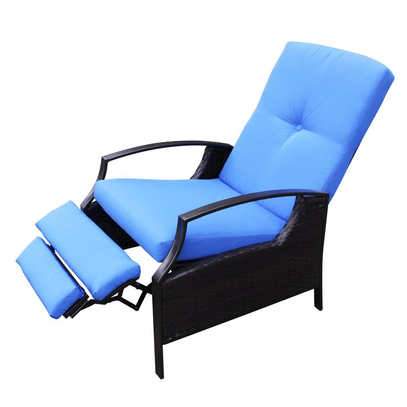 Blue Wicker Comfort: Adjustable Rattan Recliner for Patio & Poolside