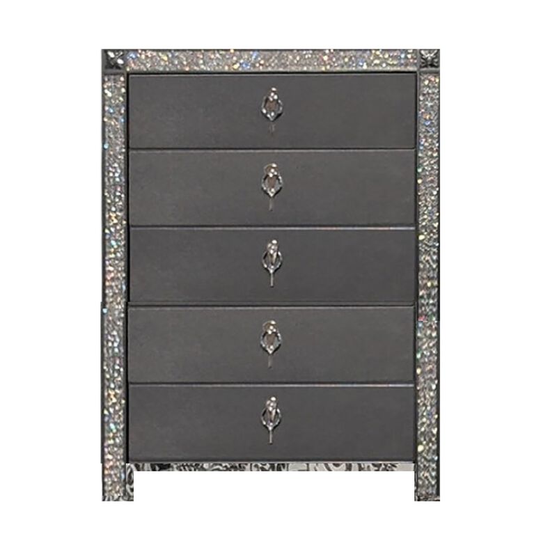 Laine Tall Dresser Chest, 5 Drawers, Crystal Trim, Gray Solid Wood