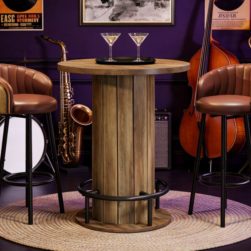 Wooden Bar Table with Brown Wood Grain Top and Rounded Base image number 5